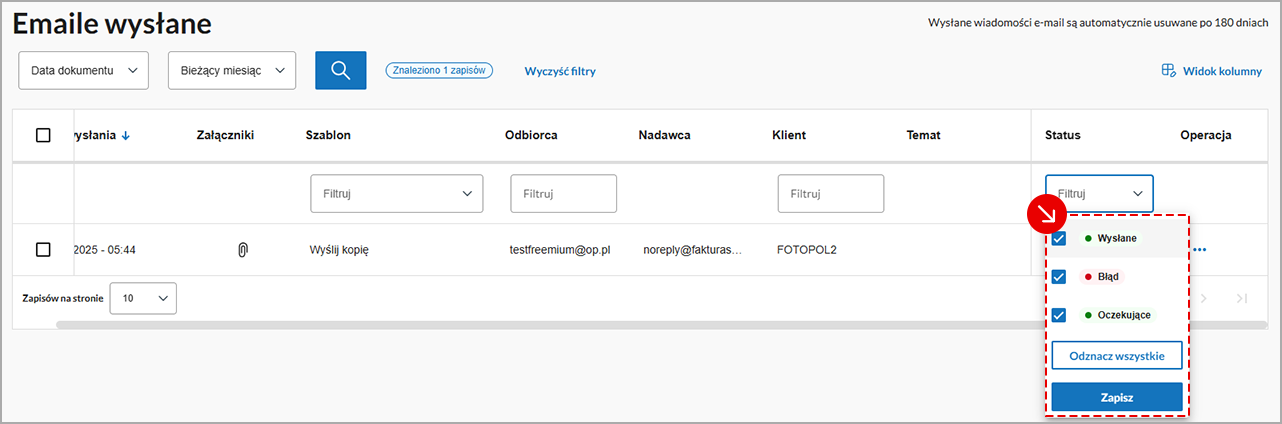 Ekran filtrowania faktur po dacie dokumentu